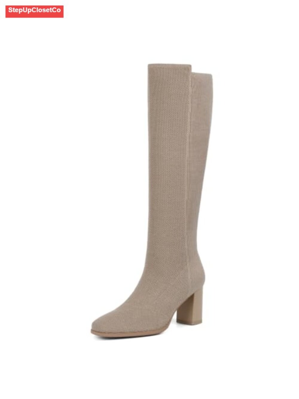 Knee High Boots Women Square Toe Chunky Block Heel Stretchy Knit
